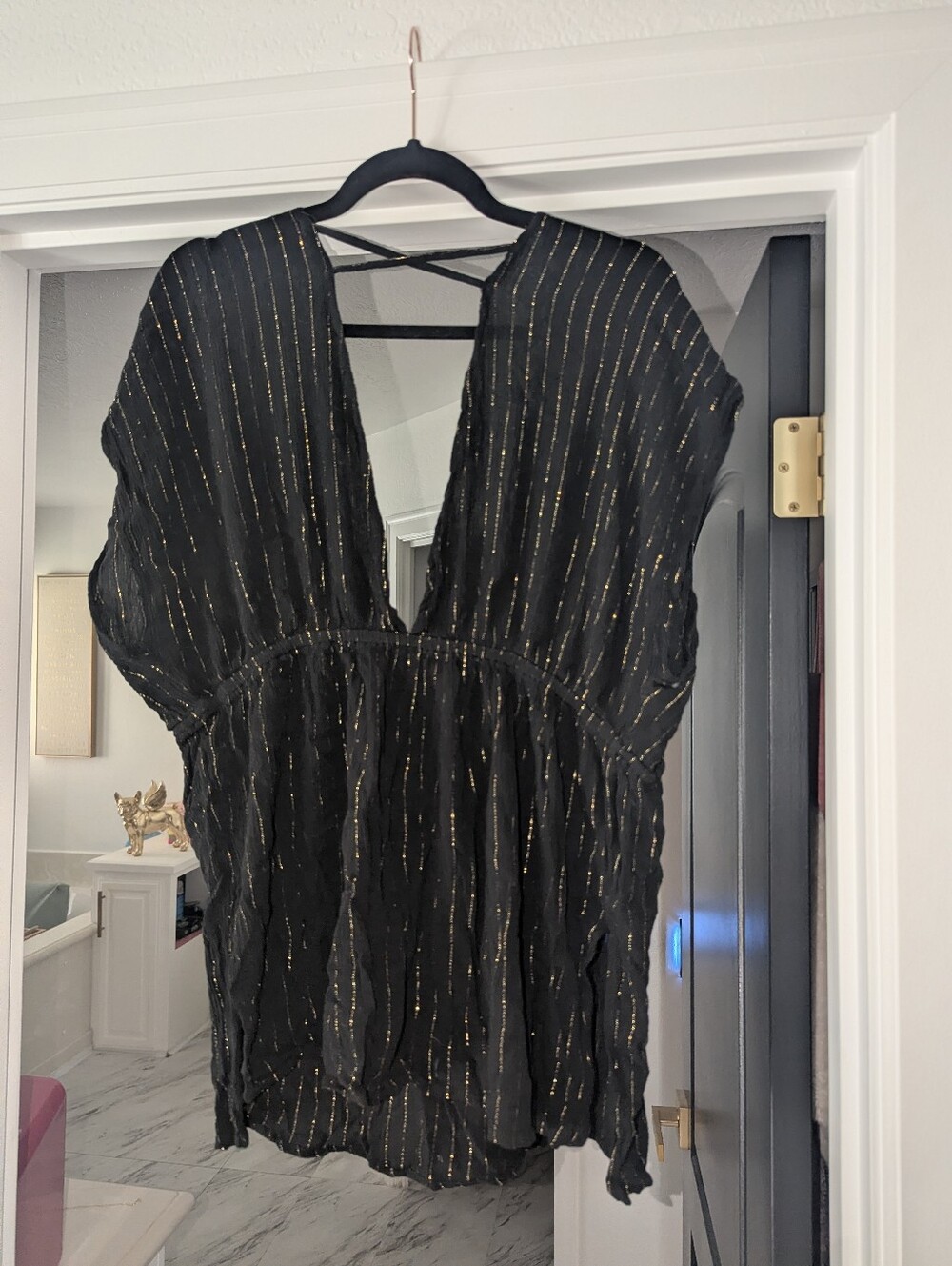 Black  Swim Suit Cover Up With Gold Pinstripe.